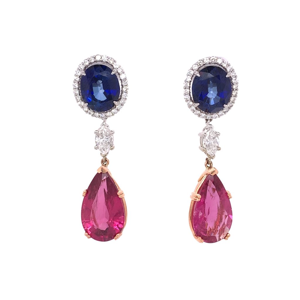 Blue Sapphire and Rubellite Earrings with Diamonds - Pan Gems Inc.