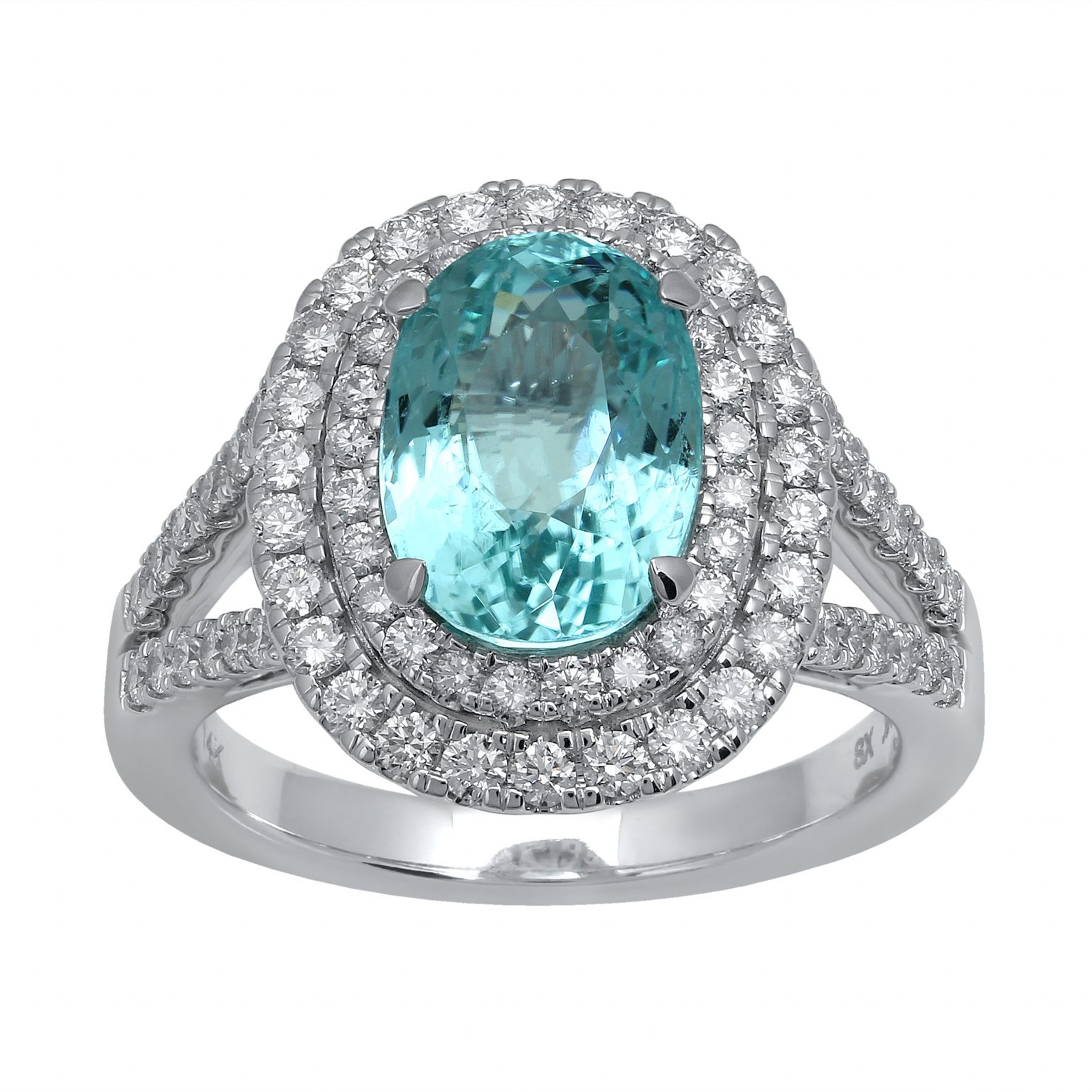 Blue Tourmaline Ring with Double Diamond Halo - Pan Gems Inc.